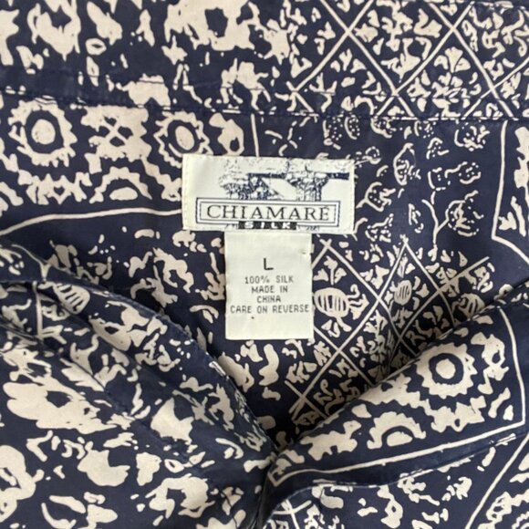 Vintage Chiamare Silk Shirt Men's Large Blue White Abstract Print 80s Relaxed - Picture 2 of 6